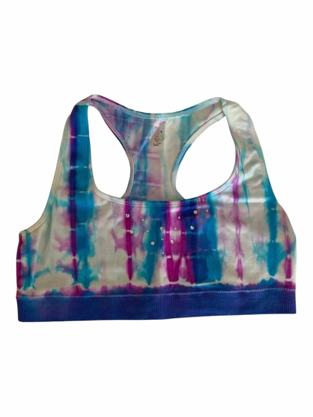 Justice Sports Bra Girls Blue Purple White Tie Dye Racer Back Rhinestone